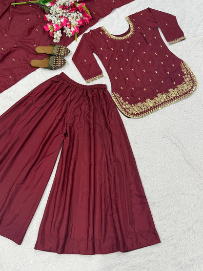 Premium Heavy Natural Crepe Silk Top, Plazzo & Dupatta Set
