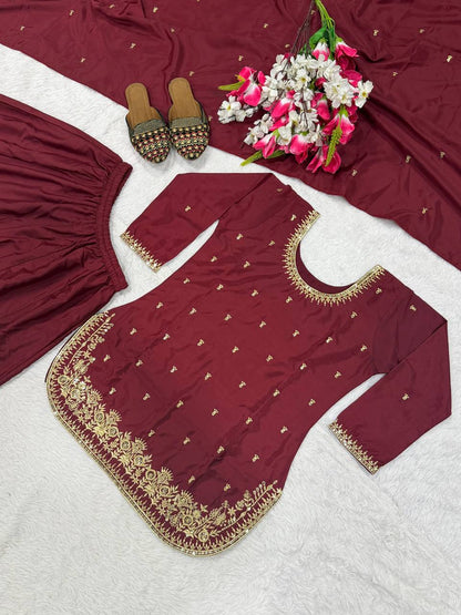 Premium Heavy Natural Crepe Silk Top, Plazzo & Dupatta Set
