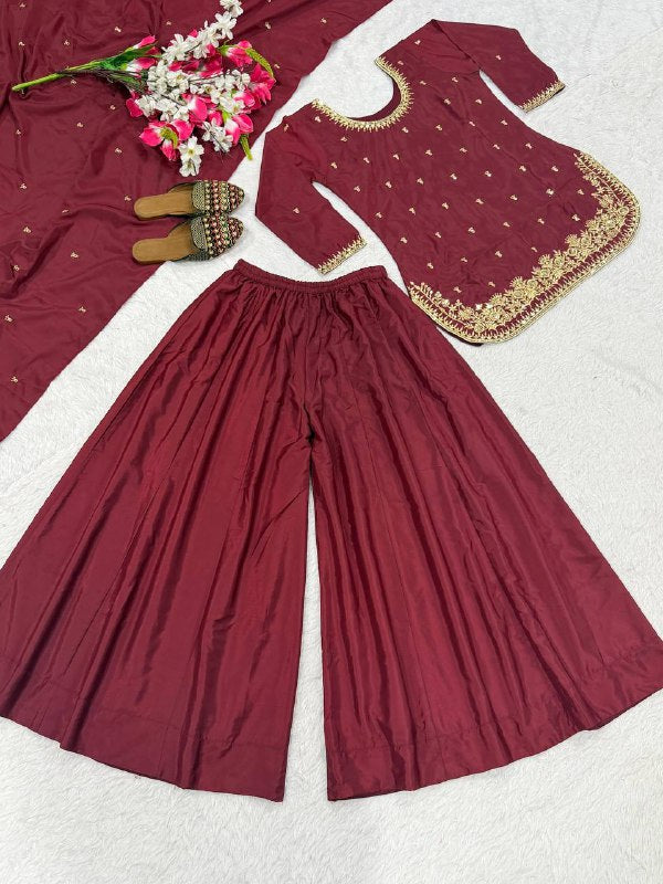 Premium Heavy Natural Crepe Silk Top, Plazzo & Dupatta Set