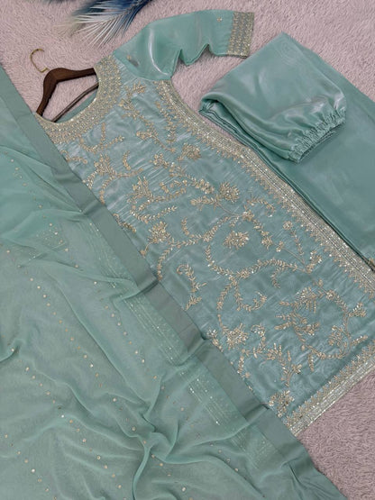 Premium Pure GMY Silk Top, Plazzo & Faux Georgette Dupatta Set