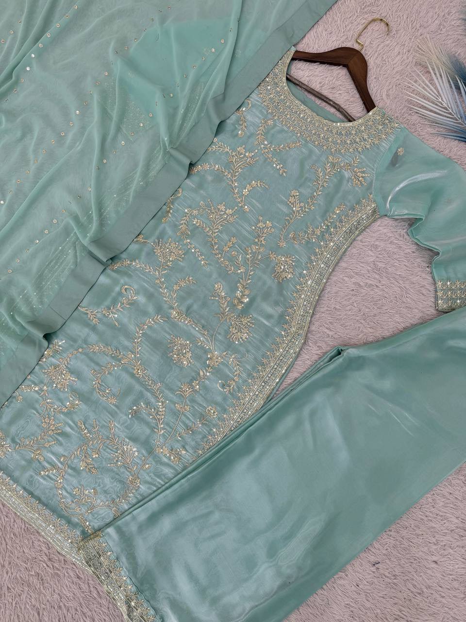 Premium Pure GMY Silk Top, Plazzo & Faux Georgette Dupatta Set