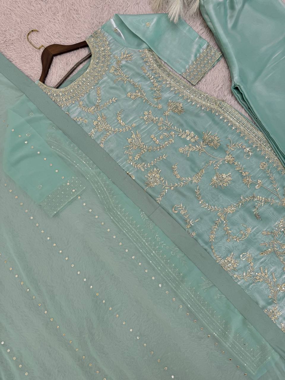 Premium Pure GMY Silk Top, Plazzo & Faux Georgette Dupatta Set