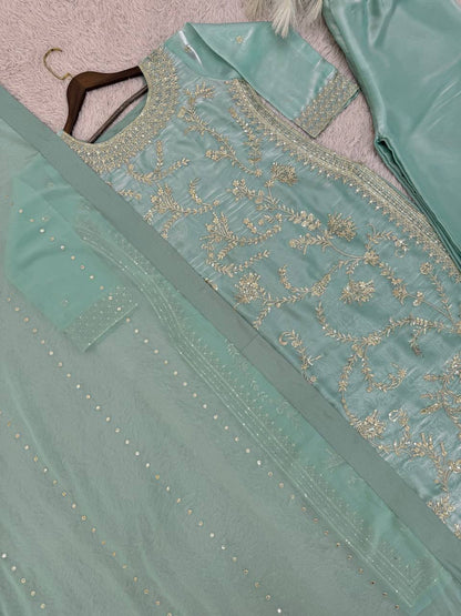 Premium Pure GMY Silk Top, Plazzo & Faux Georgette Dupatta Set