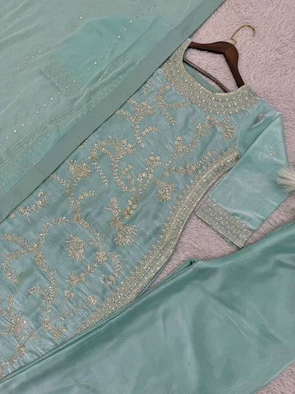 Premium Pure GMY Silk Top, Plazzo & Faux Georgette Dupatta Set