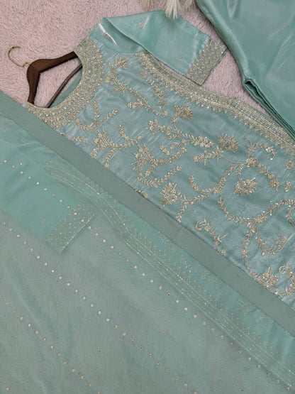 Premium Pure GMY Silk Top, Plazzo & Faux Georgette Dupatta Set
