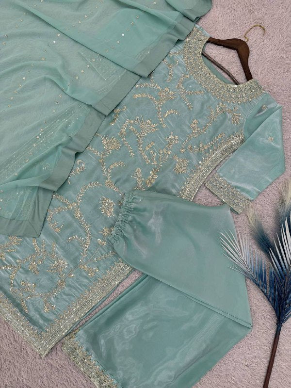 Premium Pure GMY Silk Top, Plazzo & Faux Georgette Dupatta Set