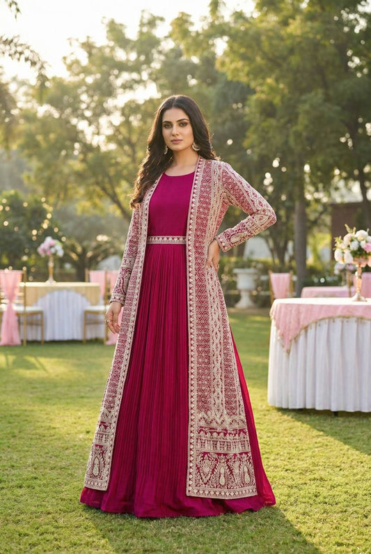 Premium Rosemeen Real Chinon Silk Jacket & Gown Set