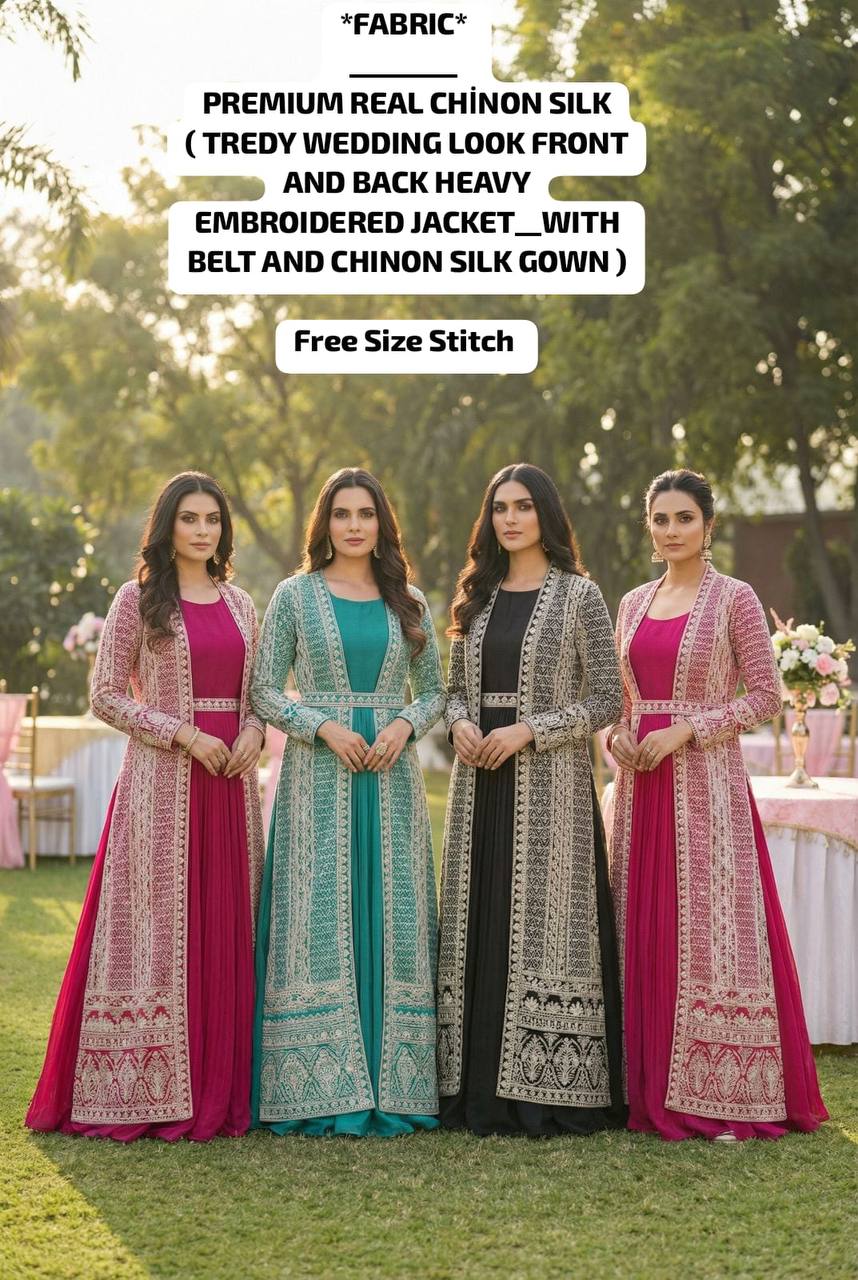 Premium Rosemeen Real Chinon Silk Jacket & Gown Set