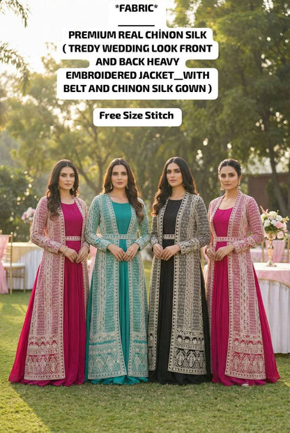 Premium Rosemeen Real Chinon Silk Jacket & Gown Set