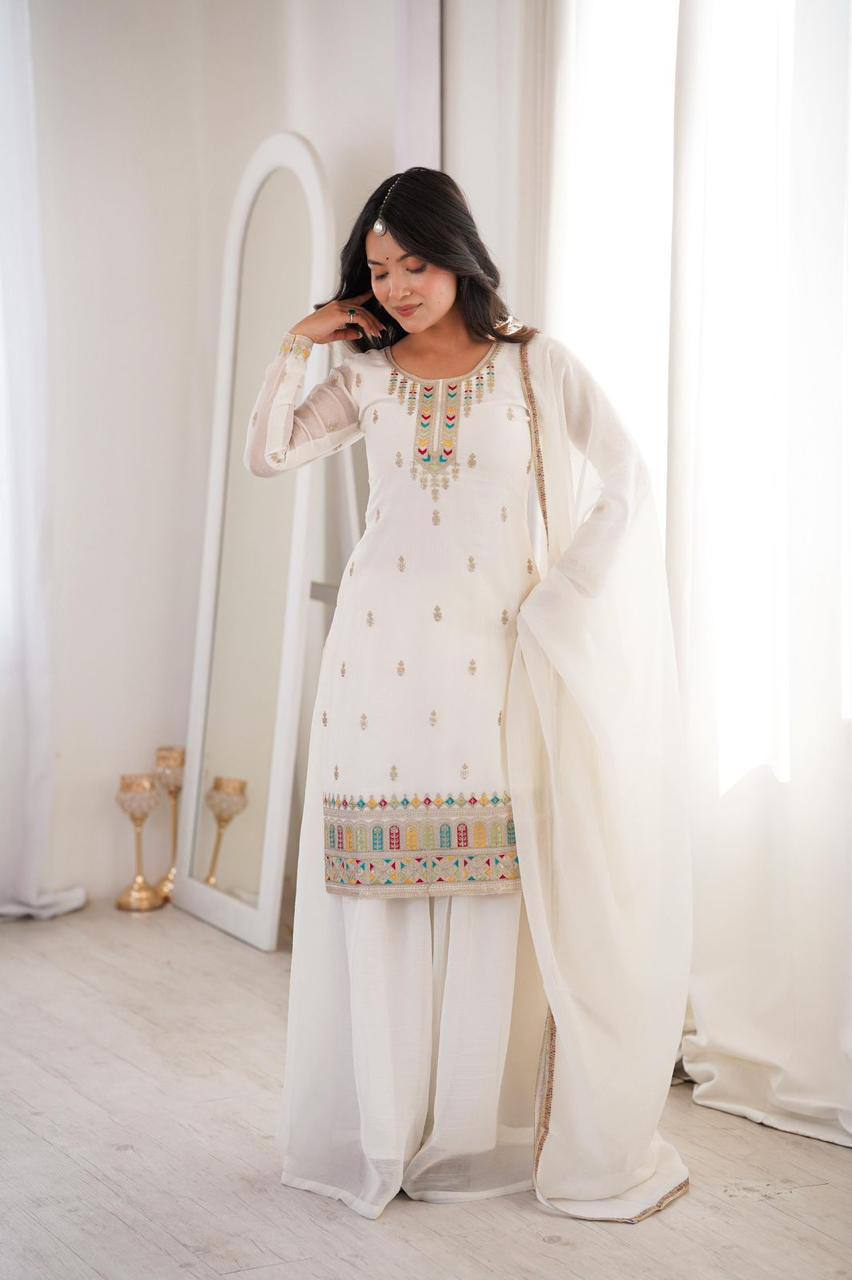 Premium Pure Soft Crunchy Silk Top, Sharara & Dupatta Set