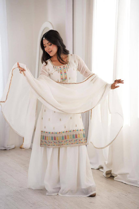 Premium Pure Soft Crunchy Silk Top, Sharara & Dupatta Set