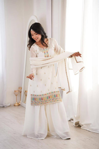 Premium Pure Soft Crunchy Silk Top, Sharara & Dupatta Set