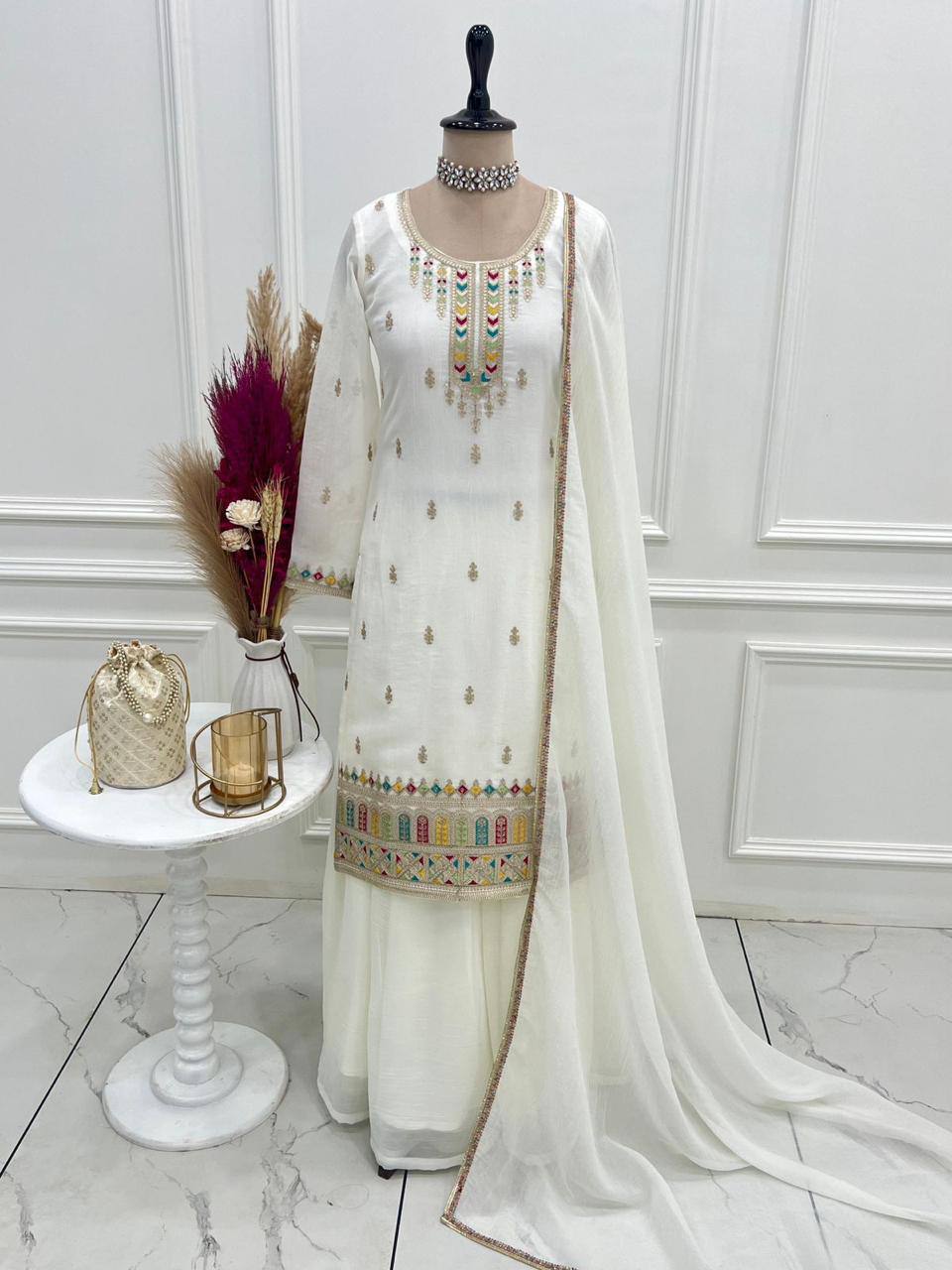 Premium Pure Soft Crunchy Silk Top, Sharara & Dupatta Set