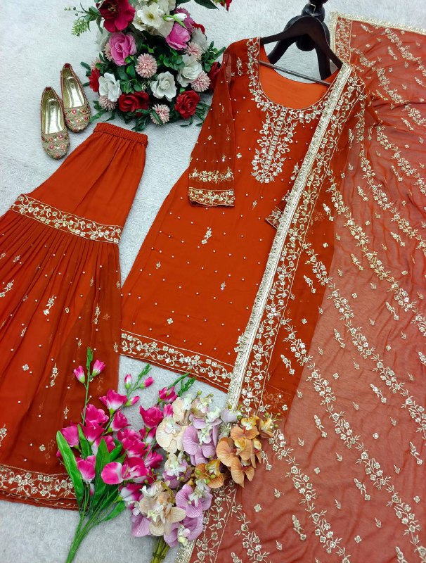 Premium Pure Fox Georgette Top, Sarara & Dupatta Set – 5mm Sequins Embroidery