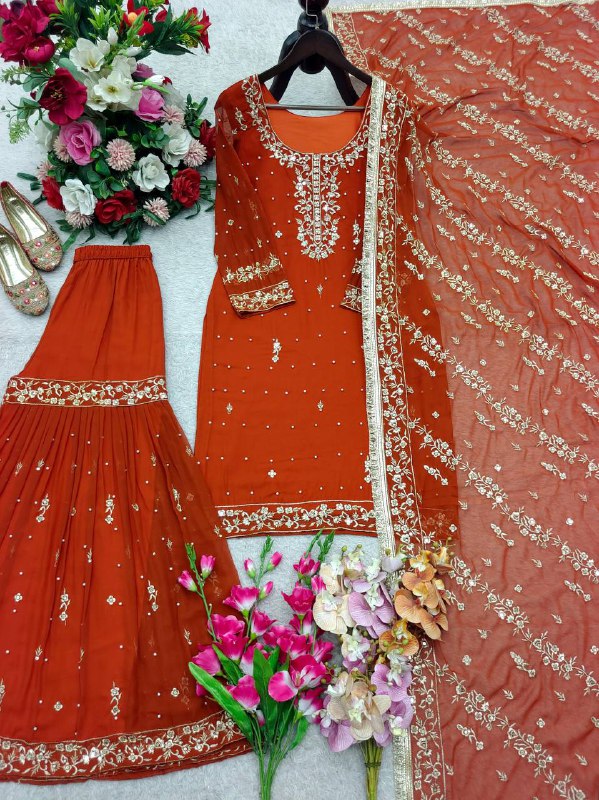 Premium Pure Fox Georgette Top, Sarara & Dupatta Set – 5mm Sequins Embroidery