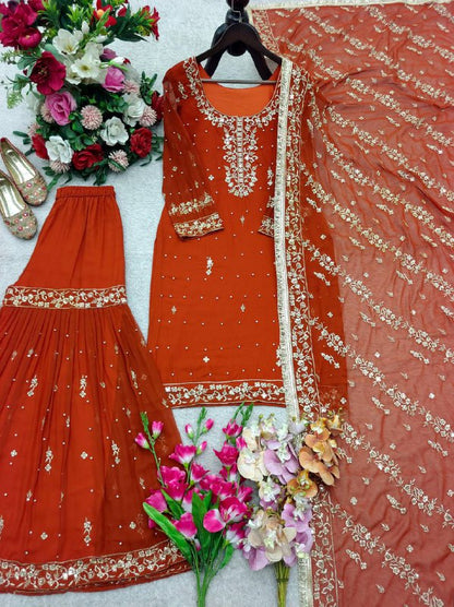 Premium Pure Fox Georgette Top, Sarara & Dupatta Set – 5mm Sequins Embroidery