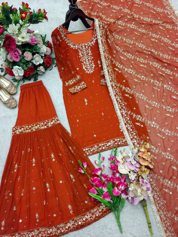 Premium Pure Fox Georgette Top, Sarara & Dupatta Set – 5mm Sequins Embroidery