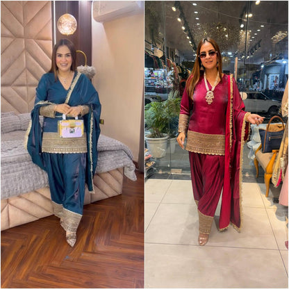 Premium Fendy Silk Top, Farshi Pant & Dupatta Set