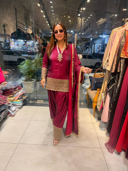 Premium Fendy Silk Top, Farshi Pant & Dupatta Set