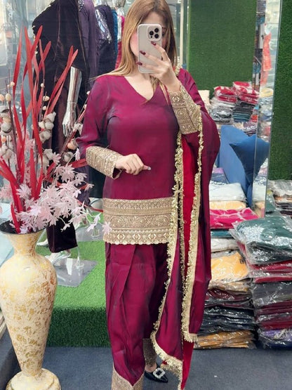 Premium Fendy Silk Top, Farshi Pant & Dupatta Set