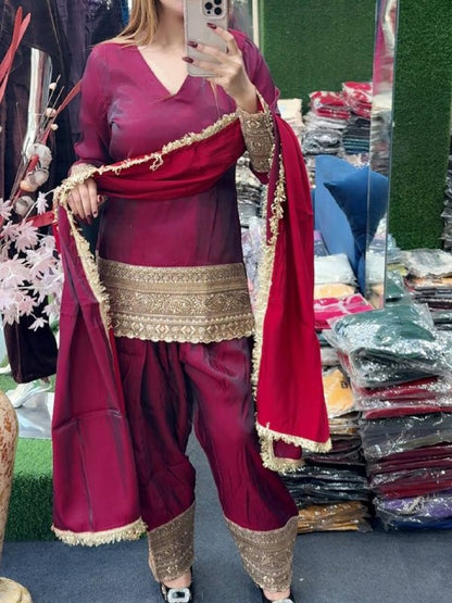 Premium Fendy Silk Top, Farshi Pant & Dupatta Set