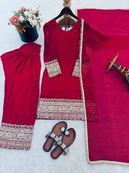 Premium Fendy Silk Top, Farshi Pant & Dupatta Set