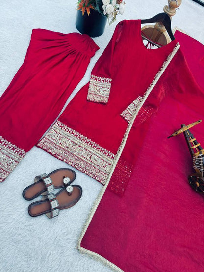 Premium Fendy Silk Top, Farshi Pant & Dupatta Set