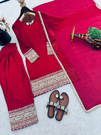 Premium Fendy Silk Top, Farshi Pant & Dupatta Set