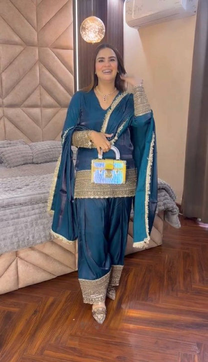 Premium Fendy Silk Top, Farshi Pant & Dupatta Set
