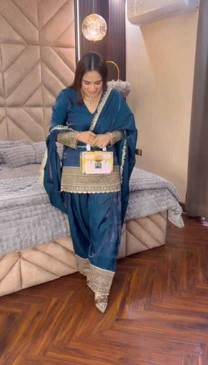 Premium Fendy Silk Top, Farshi Pant & Dupatta Set