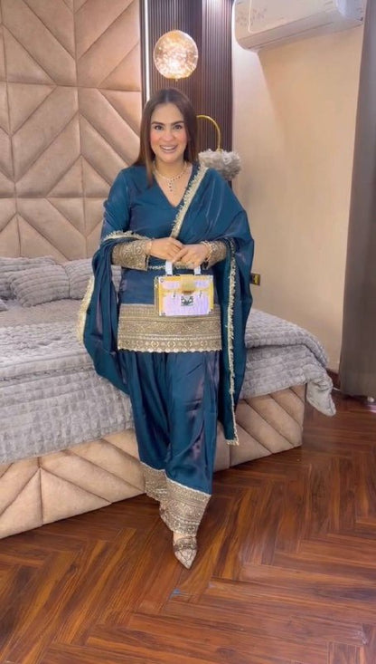 Premium Fendy Silk Top, Farshi Pant & Dupatta Set