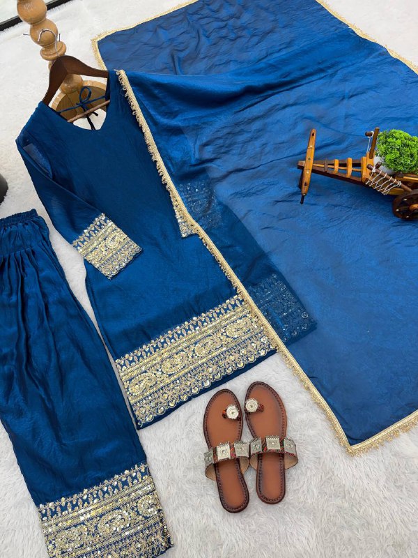 Premium Fendy Silk Top, Farshi Pant & Dupatta Set