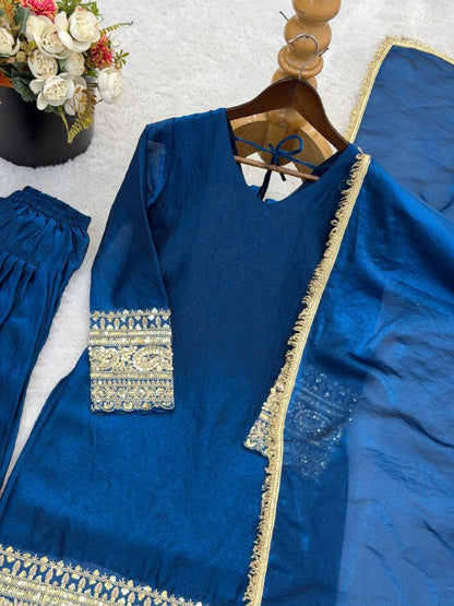 Premium Fendy Silk Top, Farshi Pant & Dupatta Set