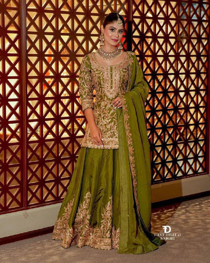 Premium Heavy Chinon Silk Top, Sharara & Dupatta Set – Coding Sequins Embroidery