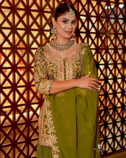 Premium Heavy Chinon Silk Top, Sharara & Dupatta Set – Coding Sequins Embroidery