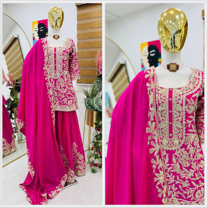 Premium Heavy Chinon Silk Top, Sharara & Dupatta Set – Coding Sequins Embroidery