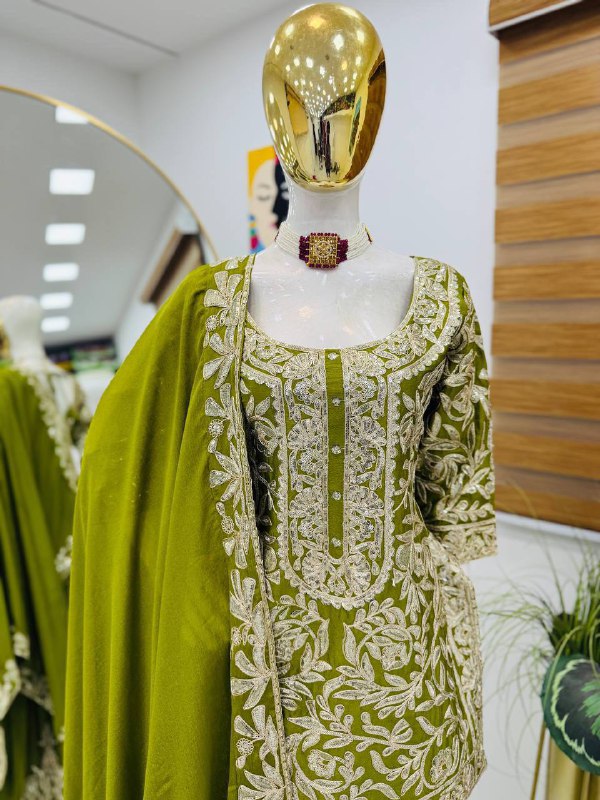 Premium Heavy Chinon Silk Top, Sharara & Dupatta Set – Coding Sequins Embroidery
