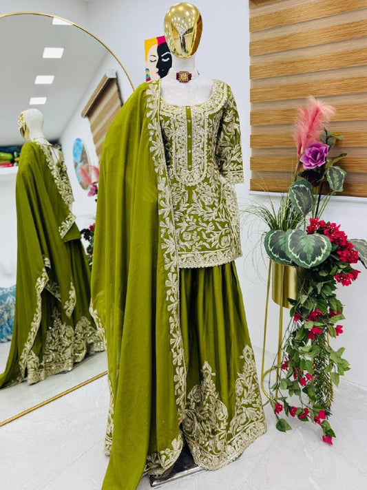 Premium Heavy Chinon Silk Top, Sharara & Dupatta Set – Coding Sequins Embroidery