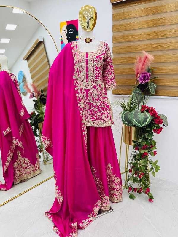 Premium Heavy Chinon Silk Top, Sharara & Dupatta Set – Coding Sequins Embroidery