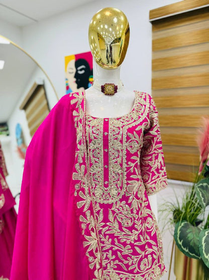 Premium Heavy Chinon Silk Top, Sharara & Dupatta Set – Coding Sequins Embroidery