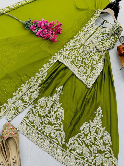 Premium Heavy Chinon Silk Top, Sharara & Dupatta Set – Coding Sequins Embroidery