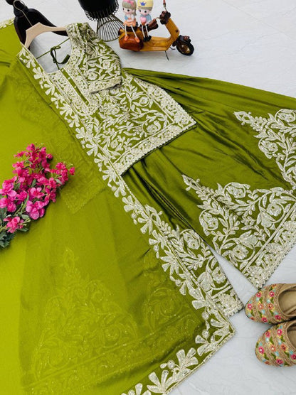 Premium Heavy Chinon Silk Top, Sharara & Dupatta Set – Coding Sequins Embroidery