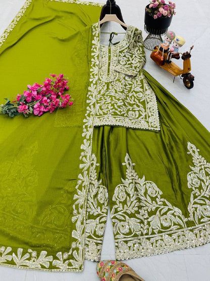 Premium Heavy Chinon Silk Top, Sharara & Dupatta Set – Coding Sequins Embroidery
