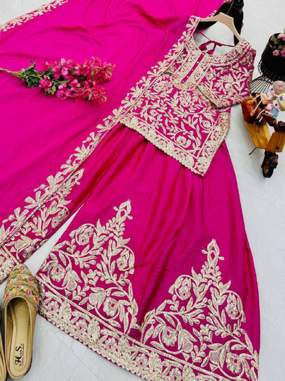 Premium Heavy Chinon Silk Top, Sharara & Dupatta Set – Coding Sequins Embroidery