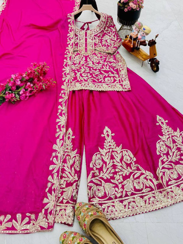 Premium Heavy Chinon Silk Top, Sharara & Dupatta Set – Coding Sequins Embroidery