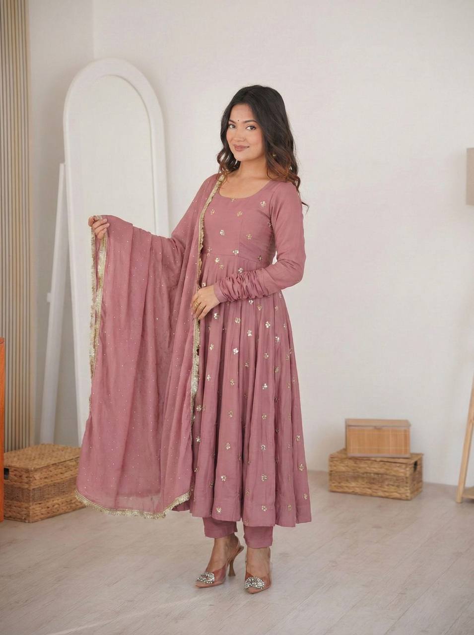 Premium Roman Silk Gown & Dupatta Set – Embroidery & Jarkan Work