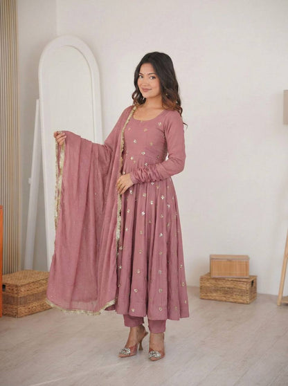 Premium Roman Silk Gown & Dupatta Set – Embroidery & Jarkan Work