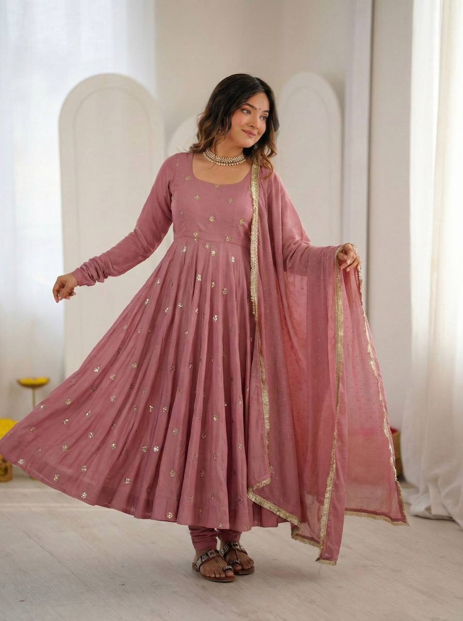 Premium Roman Silk Gown & Dupatta Set – Embroidery & Jarkan Work