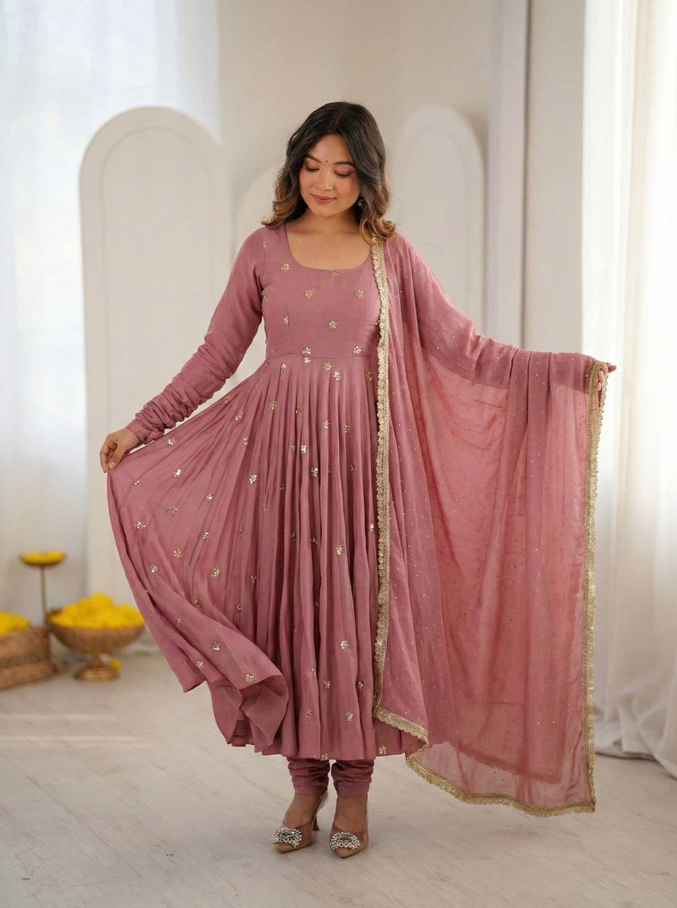 Premium Roman Silk Gown & Dupatta Set – Embroidery & Jarkan Work