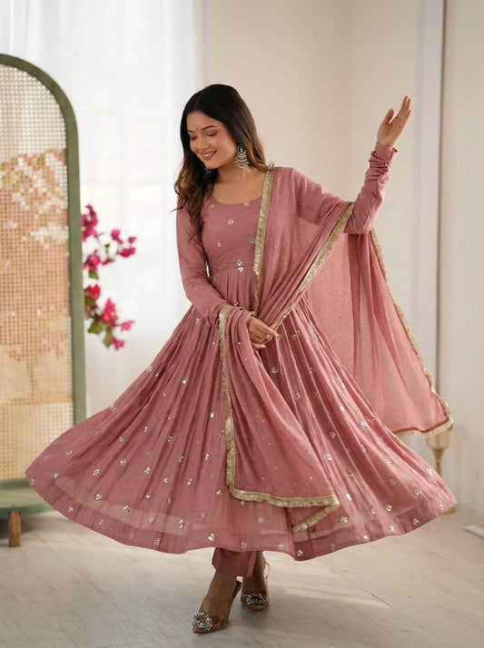 Premium Roman Silk Gown & Dupatta Set – Embroidery & Jarkan Work